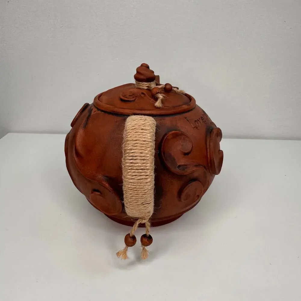 Doladu LOVE NEVER FAILS Brown Teapot Ceramic Rustic Pottery Handcrafted with Lid